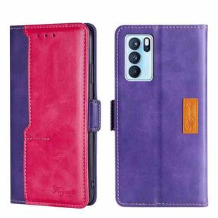 For OPPO Reno6 Pro 5G Contrast Color Side Buckle Leather Phone Case(Purple + Rose Red)