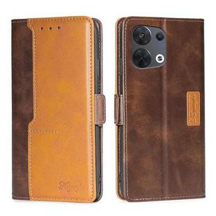 For OPPO Reno8 5G Contrast Color Side Buckle Leather Phone Case(Dark Brown + Gold)