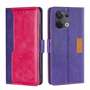 For OPPO Reno8 5G Contrast Color Side Buckle Leather Phone Case(Purple + Rose Red)