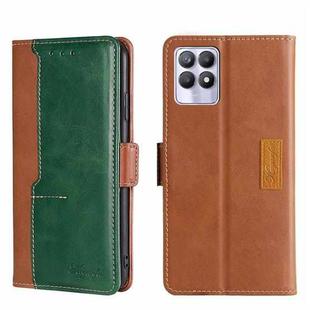 For OPPO Realme 8i Contrast Color Side Buckle Leather Phone Case(Light Brown + Green)