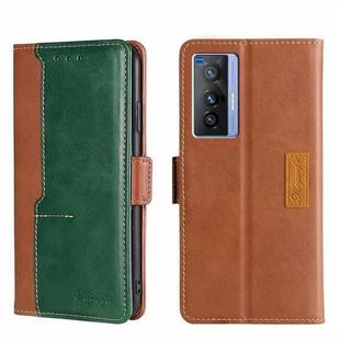 For vivo X70 Contrast Color Side Buckle Leather Phone Case(Light Brown + Green)