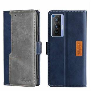 For vivo X70 Contrast Color Side Buckle Leather Phone Case(Blue + Grey)