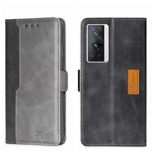 For vivo X70 Pro Contrast Color Side Buckle Leather Phone Case(Black + Grey)
