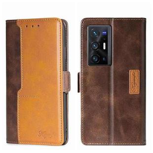 For vivo X70 Pro+ Contrast Color Side Buckle Leather Phone Case(Dark Brown + Gold)
