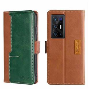 For vivo X70 Pro+ Contrast Color Side Buckle Leather Phone Case(Light Brown + Green)