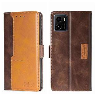 For vivo Y15S Global Contrast Color Side Buckle Leather Phone Case(Dark Brown + Gold)