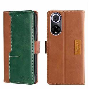 For Huawei Nova 9 Contrast Color Side Buckle Leather Phone Case(Light Brown + Green)