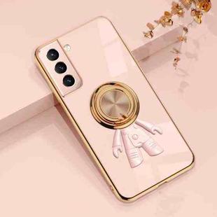 For Samsung Galaxy S21 5G 6D Plating Astronaut Ring Kickstand Phone Case(Light Pink)