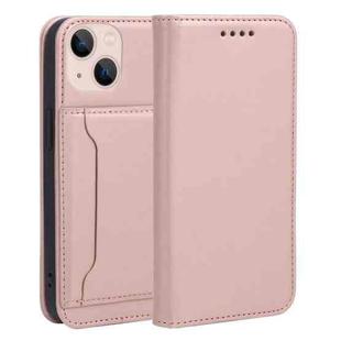 For iPhone 14 Magnetism Skin Feel Card Holder Leather Phone Case (Rose Gold)