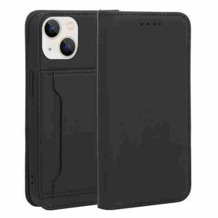For iPhone 14 Plus Magnetism Skin Feel Card Holder Leather Phone Case (Black)
