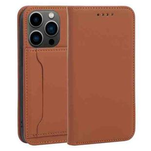 For iPhone 14 Pro Magnetism Skin Feel Card Holder Leather Phone Case(Brown)