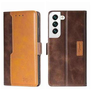 For Samsung Galaxy S22 Contrast Color Side Buckle Leather Phone Case(Dark Brown + Gold)