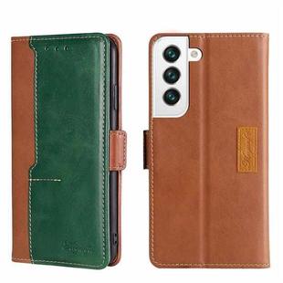 For Samsung Galaxy S22 Contrast Color Side Buckle Leather Phone Case(Light Brown + Green)