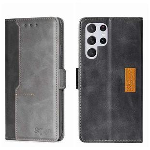 For Samsung Galaxy S22 Ultra Contrast Color Side Buckle Leather Phone Case(Black + Grey)