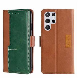 For Samsung Galaxy S22 Ultra Contrast Color Side Buckle Leather Phone Case(Light Brown + Green)