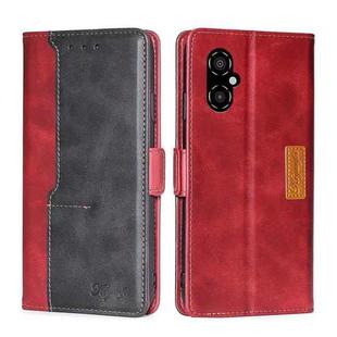 For Xiaomi Poco M4 5G Contrast Color Side Buckle Leather Phone Case(Red + Black)