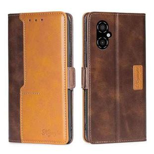 For Xiaomi Poco M4 5G Contrast Color Side Buckle Leather Phone Case(Dark Brown + Gold)