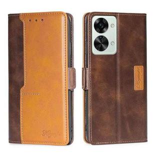 For OnePlus Nord 2T Contrast Color Side Buckle Leather Phone Case(Dark Brown + Gold)