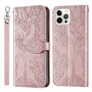 For iPhone 14 Pro Life of Tree Embossing Pattern Leather Phone Case(Rose Gold)