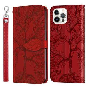 For iPhone 14 Pro Life of Tree Embossing Pattern Leather Phone Case(Red)