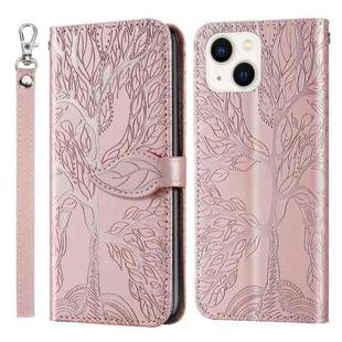 For iPhone 14 Plus Life of Tree Embossing Pattern Leather Phone Case (Rose Gold)