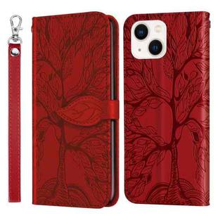 For iPhone 14 Plus Life of Tree Embossing Pattern Leather Phone Case (Red)