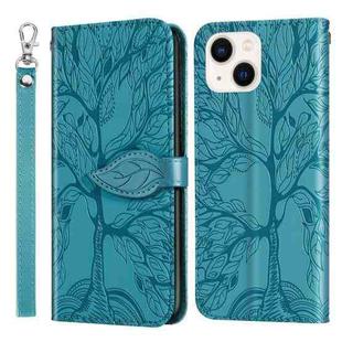 For iPhone 14 Life of Tree Embossing Pattern Leather Phone Case (Lake Blue)