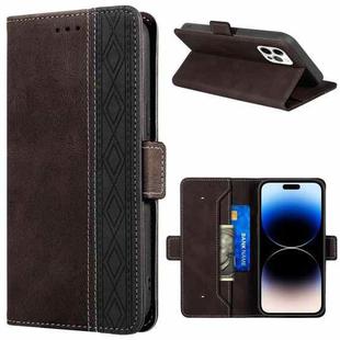 For iPhone 14 Pro Max Stitching Magnetic RFID Leather Case (Coffee)