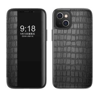 For iPhone 14 Plus Crocodile Texture Windows View Horizontal Flip Leather Case (Black)