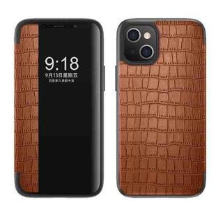 For iPhone 14 Plus Crocodile Texture Windows View Horizontal Flip Leather Case (Brown)