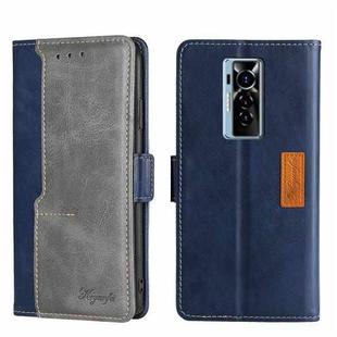 For Tecno Phantom X Contrast Color Side Buckle Leather Phone Case(Blue + Grey)