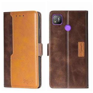 For Tecno Pop 4 Contrast Color Side Buckle Leather Phone Case(Dark Brown + Gold)