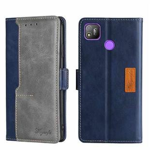 For Tecno Pop 4 Contrast Color Side Buckle Leather Phone Case(Blue + Grey)