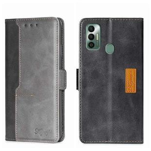For Tecno Spark 7 Contrast Color Side Buckle Leather Phone Case(Black + Grey)