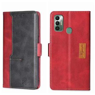 For Tecno Spark 7 Contrast Color Side Buckle Leather Phone Case(Red + Black)