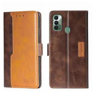 For Tecno Spark 7 Contrast Color Side Buckle Leather Phone Case(Dark Brown + Gold)