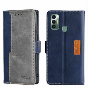 For Tecno Spark 7 Contrast Color Side Buckle Leather Phone Case(Blue + Grey)