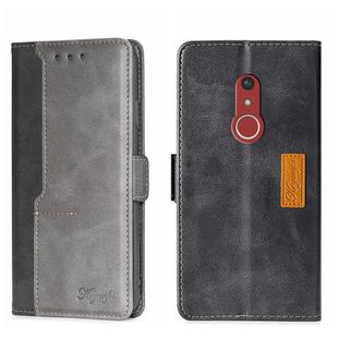 For Fujitsu Arrow Be4 Plus F-41B Contrast Color Side Buckle Leather Phone Case(Black + Grey)