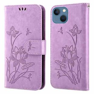 For iPhone 14 Plus Lotus Embossed Leather Phone Case (Purple)