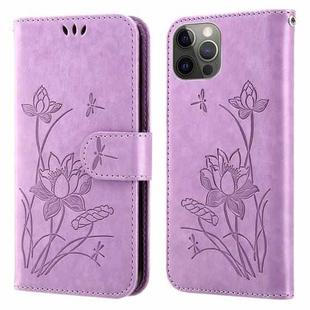 For iPhone 14 Pro Lotus Embossed Leather Phone Case(Purple)