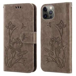 For iPhone 14 Pro Lotus Embossed Leather Phone Case(Grey)