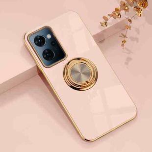 For OPPO Reno7 A 6D Electroplating Full Coverage Silicone Phone Case with Magnetic Ring Holder(Light Pink)
