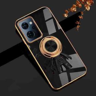 For OPPO Reno7 A 6D Electroplating Astronaut Ring Kickstand Phone Case(Black)