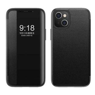 For iPhone 14 Magnetic Side Window View Shockproof Horizontal Flip Leather Case (Black)