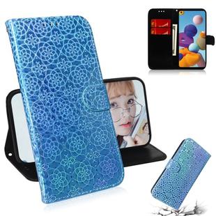 For Galaxy A21 Solid Color Colorful Magnetic Buckle Horizontal Flip PU Leather Case with Holder & Card Slots & Wallet & Lanyard(Blue)