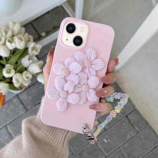 For iPhone 14 Four Flowers Hand Strap Phone Case (Light Pink)