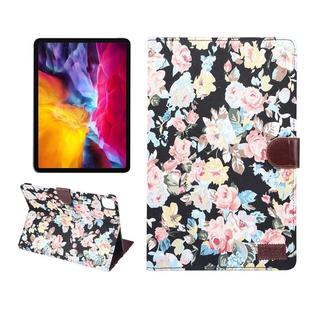 For iPad Pro 11 inch 2020 / 2021 PC + Left And Right Flowering Cloth Holster Wallet Card Holder With Dormancy(Black Flower)