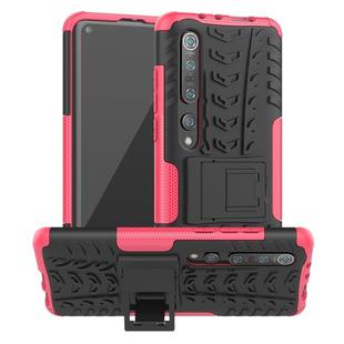 For Xiaomi Mi 10 Pro Tire Texture Shockproof TPU+PC Protective Case with Holder(Rose Red)
