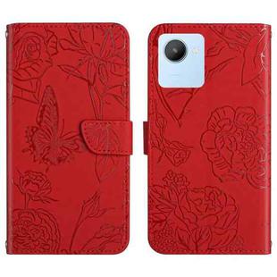 For OPPO Realme C30 HT03 Skin Feel Butterfly Embossed Flip Leather Phone Case(Red)