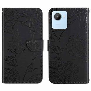 For OPPO Realme C30 HT03 Skin Feel Butterfly Embossed Flip Leather Phone Case(Black)